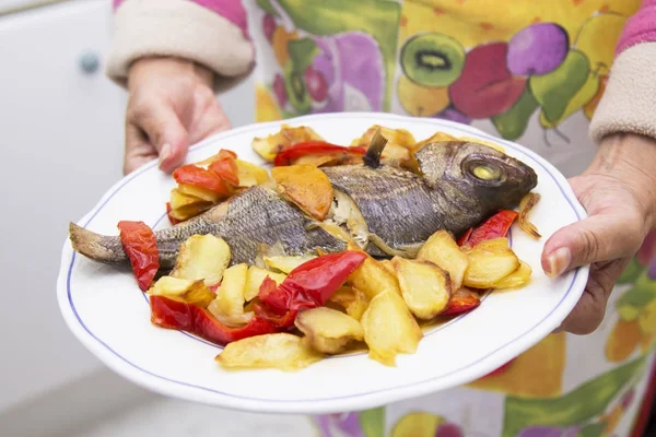 Händer Med Rostad Fiskrätt Med Potatis Och Paprika — Stockfoto