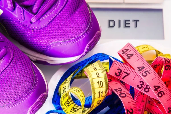 Wagi Runnig Buty Centymetrem Dieta Odchudzanie Koncepcja — Zdjęcie stockowe