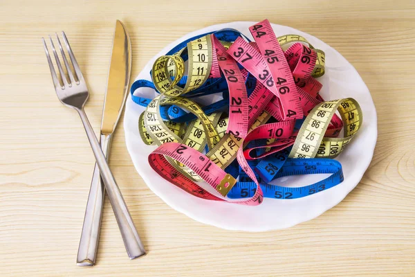 Plate Tape Measures Fork Knife Concept Diet Slimming — Stock Photo, Image