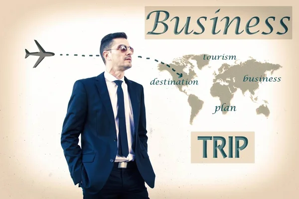 Concept Travel Businessman World Map Airplane — Stock Photo, Image