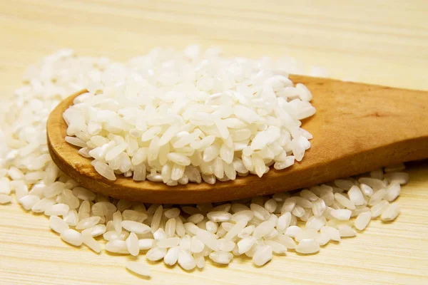 Wooden Spoon Rice Wooden Table — Stock Photo, Image