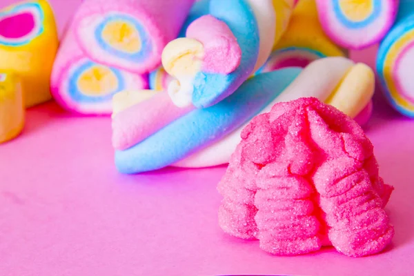 Doce Marshmallows Coloridos Fundo Rosa — Fotografia de Stock