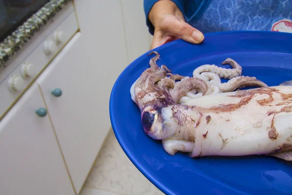 Hände Halten Teller Mit Riesigen Tintenfischen — Stockfoto