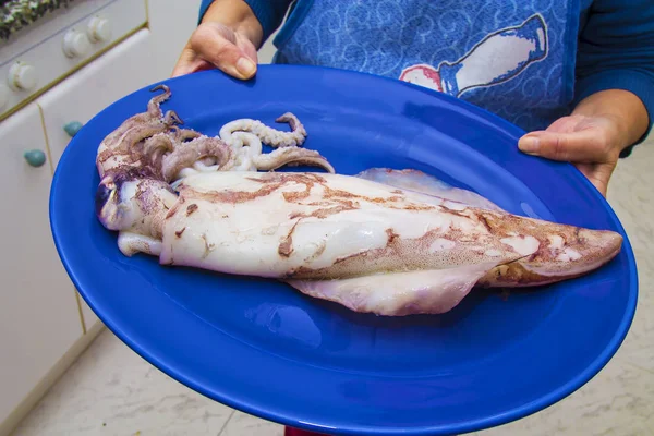 Händer Som Håller Plattan Med Giant Squid — Stockfoto