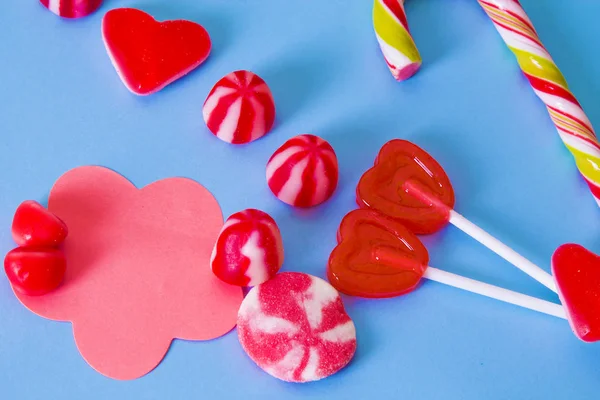 Gummy Candies Heart Shaped Lollipops Blue Background — Stock Photo, Image