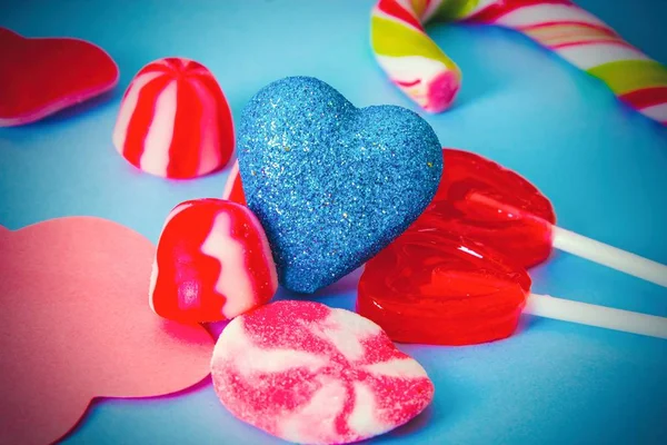 Gummy Candies Heart Shaped Lollipops Blue Background — Stock Photo, Image