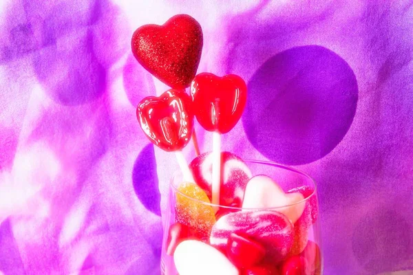 Glass Cup Rubber Candies Heart Lollipops — Stock Photo, Image