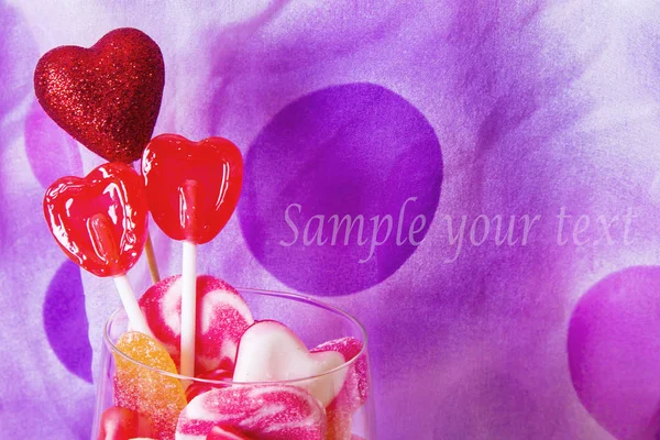 Glass Cup Rubber Candies Heart Lollipops — Stock Photo, Image