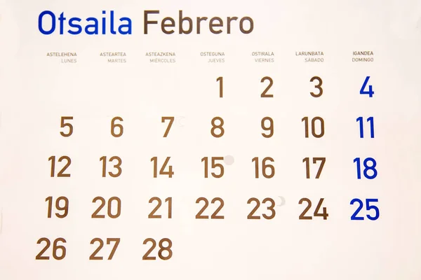 Kalender Des Monats Februar Auf Baskisch — Stockfoto