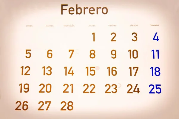 calendar of the month of February in Spanish