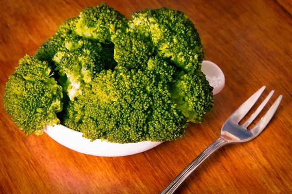 Cooked Broccoli Cutlery Top Wooden Table — Stock Photo, Image