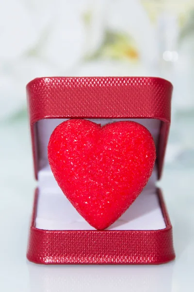 Gift Box Red Heart Flowers Glass Champagne Background Valentines Day — Stock Photo, Image