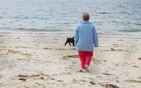 Frau Geht Mit Hund Strand Spazieren Freizeit Und Entspannungskonzept — Stockfoto