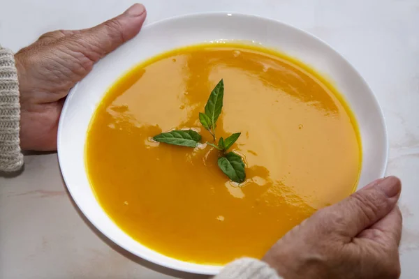 Femme Tenant Bol Soupe Légumes — Photo