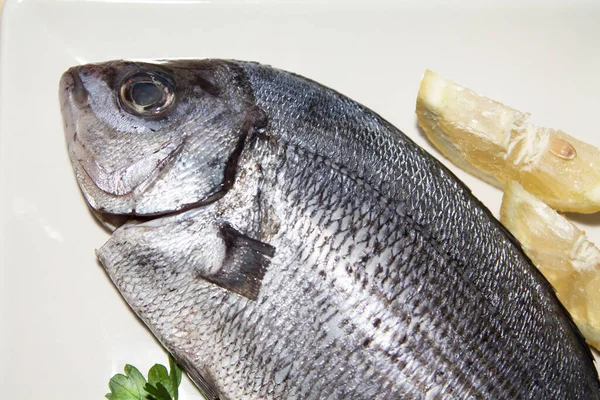 Frischer Fisch Mit Zitrone Und Petersilie — Stockfoto