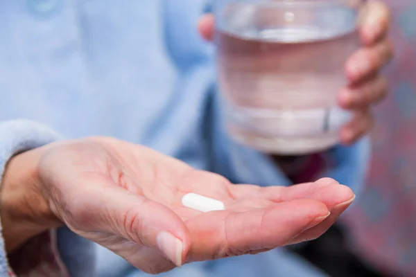 Woman Pills Capsules Hand Glass Water — Stock Photo, Image