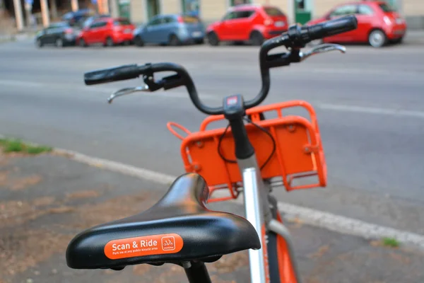 Turin, Piedmont, Italy -07/19/2019- Parking for bikes sharing. — ストック写真
