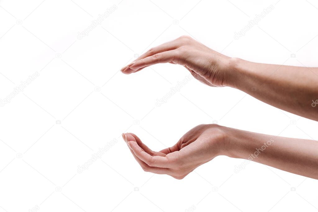 Woman hands on white background