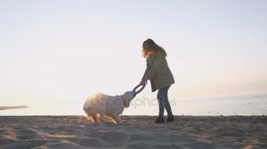 Labrador kadınla sahil üzerinde