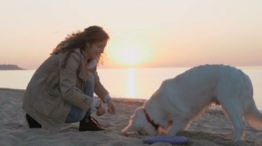 Labrador, gün batımı ile kadın