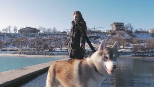 Mujer con husky en la costa — Vídeos de Stock
