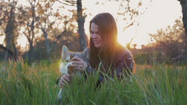 Mujer con husky en el bosque — Vídeo de stock