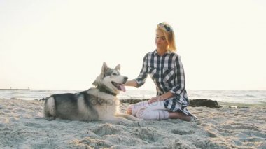 husky sahil üzerinde kadınla 
