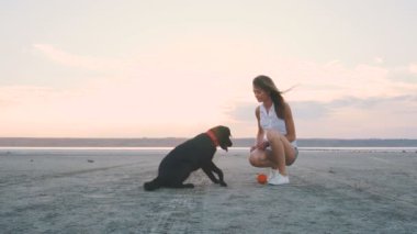 Genç kadın oyun ile köpek