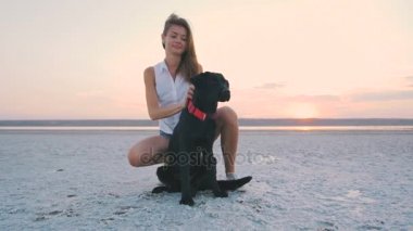 Köpek kadınla sahil üzerinde 