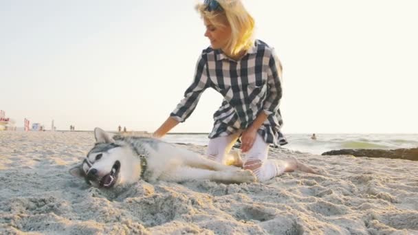 Mulher com cão no litoral — Vídeo de Stock