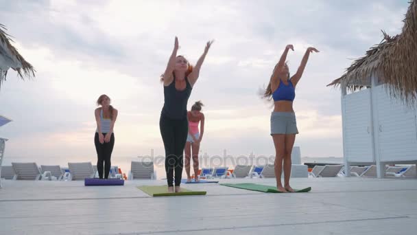 Gruppe macht Yoga am Strand — Stockvideo