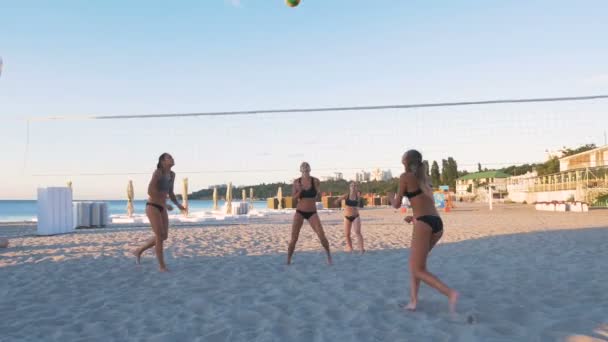 As mulheres jogam voleibol na praia — Vídeo de Stock