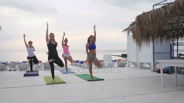Gruppe macht Yoga bei Sonnenuntergang — Stockvideo