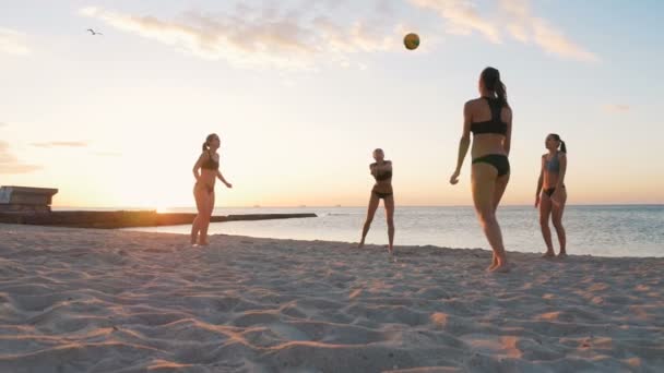 Las mujeres juegan voleibol al atardecer — Vídeo de stock