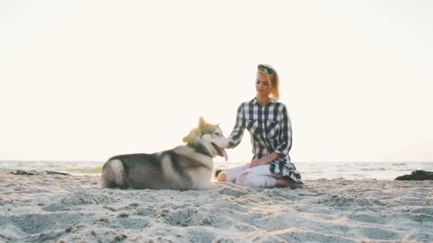 Mulher com husky no litoral — Vídeo de Stock