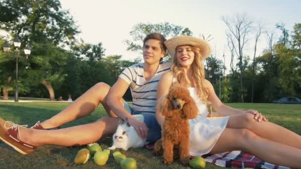 Pareja feliz en el picnic — Vídeos de Stock