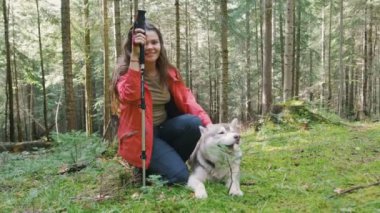 husky ve küçük köpek kadınla 