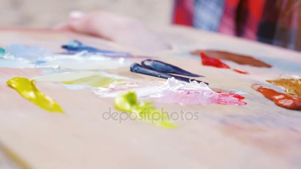 Woman painting sea on beach — Stock Video