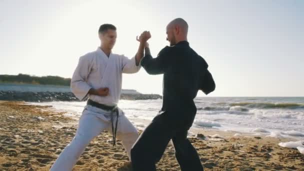 Combattenti di karate che combattono sulla spiaggia — Video Stock