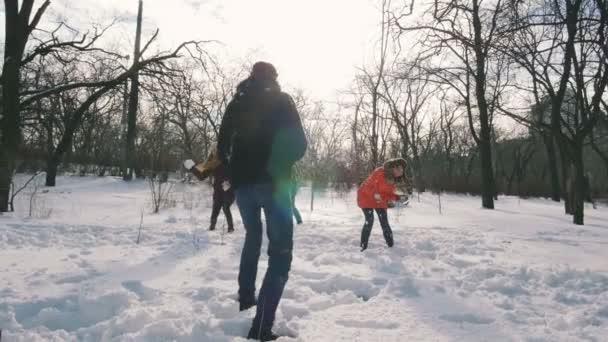 冬の公園で雪玉で遊ぶ若者のグループ ストック動画