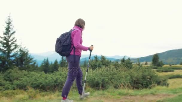 Nő trekking a hegyekben — Stock videók
