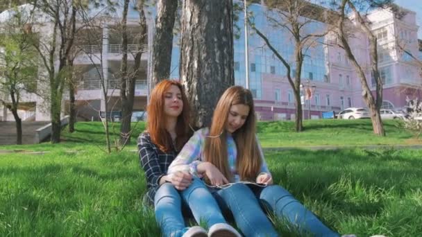 Flickor på gräs lyssnar musik — Stockvideo