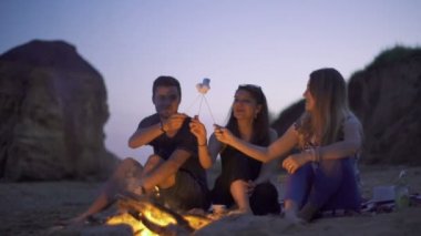 Kavurma marshmallow kamp ateşi üzerinde arkadaş