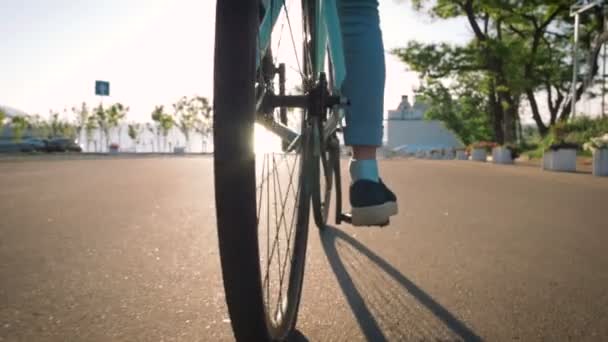 Vrouw rijden fiets op groen park — Stockvideo