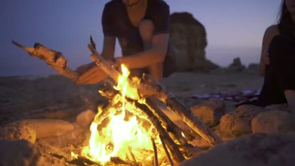 Ami heureux près du feu de camp — Video