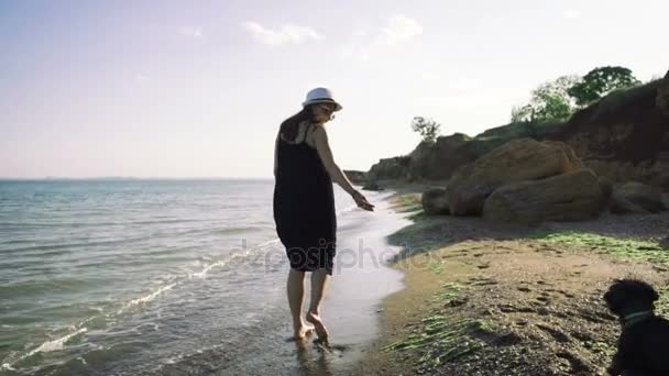 Женщина с собакой на пляже — стоковое видео