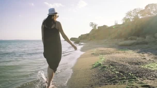 Młoda kobieta z psem na plażę — Wideo stockowe