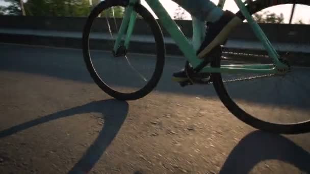 Vrouw rijden fiets op groen park — Stockvideo