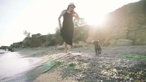 Mujer joven con perro en la playa — Vídeos de Stock