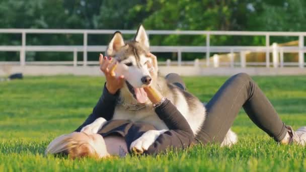 Hipster vrouw met husky hond — Stockvideo